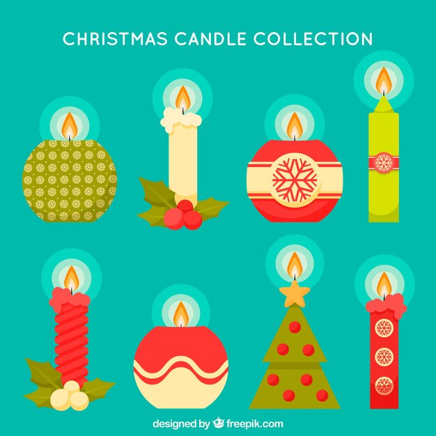 Colección de velas de navidad en diseño plano sobre un fondo turquesa