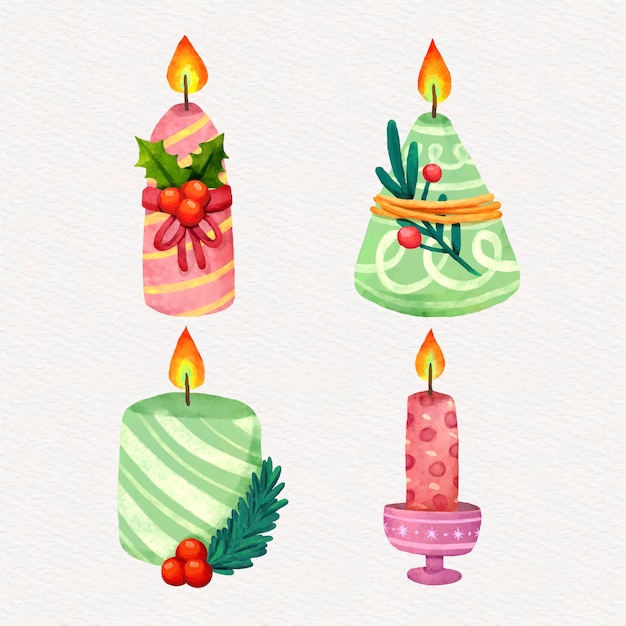 Colección de velas navideñas en acuarela