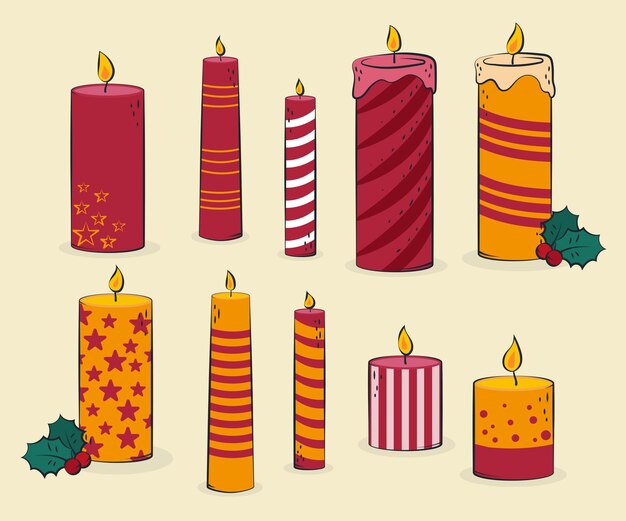 Colección velas navideñas dibujadas a mano