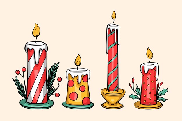 Colección velas navideñas dibujadas a mano