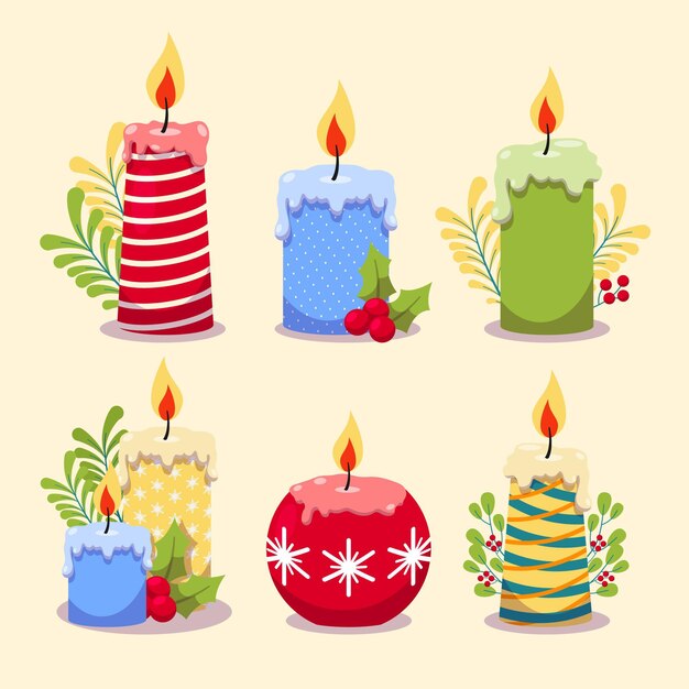 Colección de velas navideñas en diseño plano