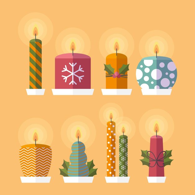 Colección de velas navideñas en diseño plano