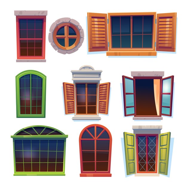 Colección de ventanas de madera rústicas de dibujos animados