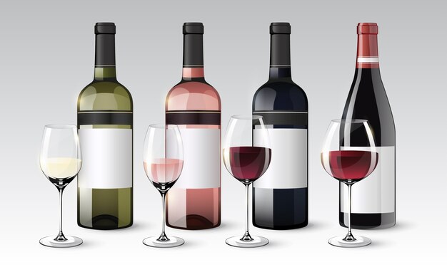 Colección de vino realista de botellas y vasos con bebidas de rosas rojas blancas aisladas