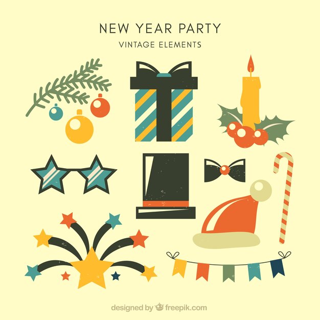 Colección vintage de elementos de fiesta de año nuevo