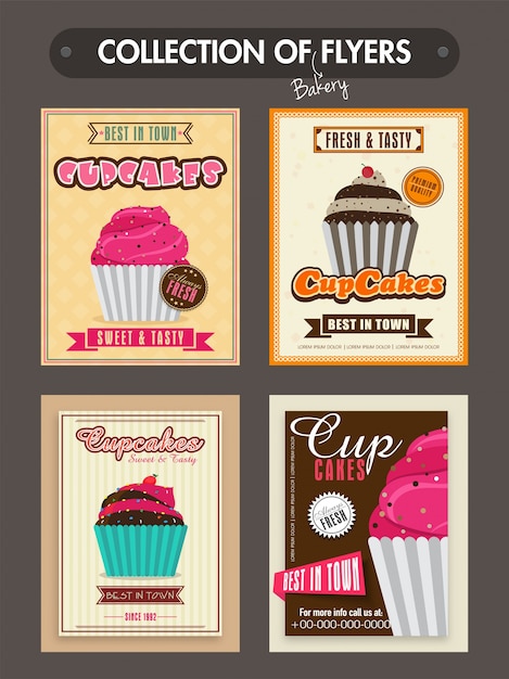 Vector gratuito colección de volantes de panadería, plantillas o menú de diseño de tarjetas con ilustración de dulces deliciosos cupcakes