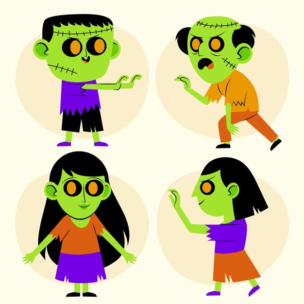 Colección de zombies de halloween planos dibujados a mano