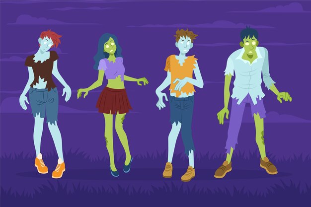 Colección de zombies de halloween planos dibujados a mano