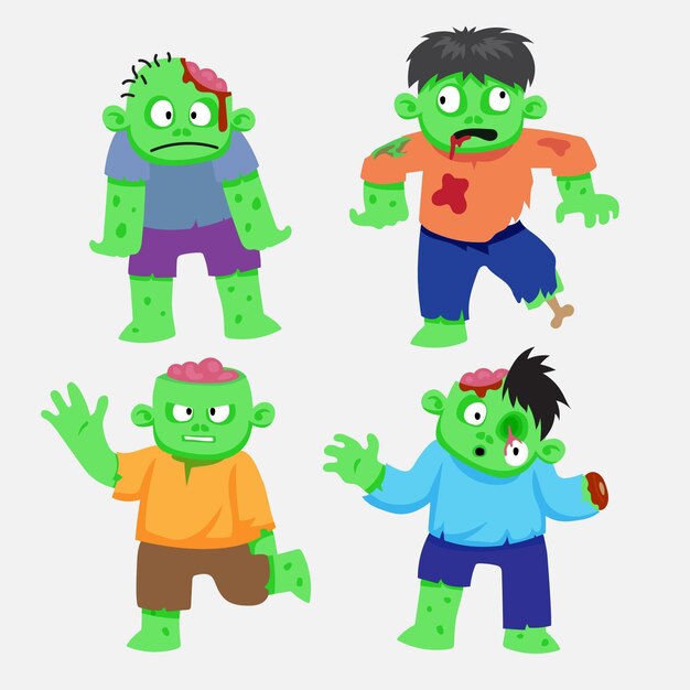 Colección de zombies de halloween planos dibujados a mano