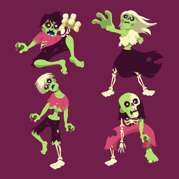 Colección de zombies de halloween planos dibujados a mano