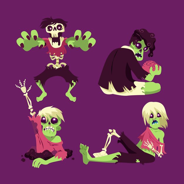 Colección de zombies de halloween planos dibujados a mano