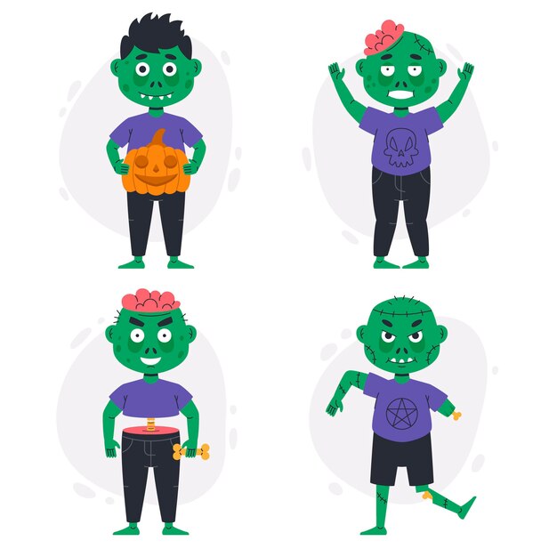 Colección de zombies de halloween planos dibujados a mano