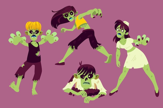 Colección de zombies de halloween planos dibujados a mano