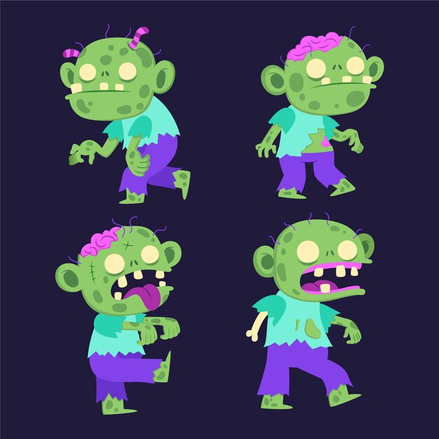 Colección de zombies de halloween planos dibujados a mano