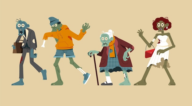 Colección de zombies de halloween planos dibujados a mano