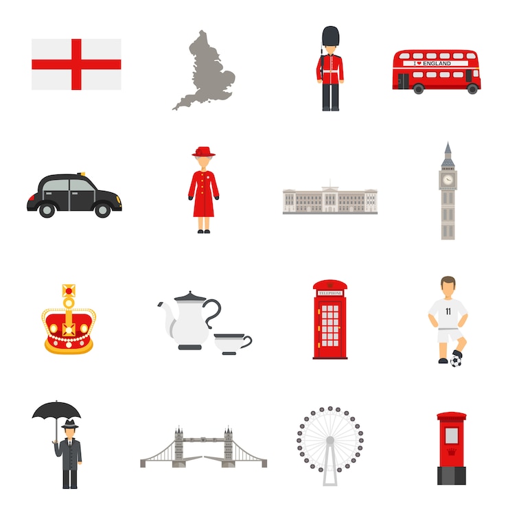 Vector gratuito colecciones de iconos planos de cultura inglesa