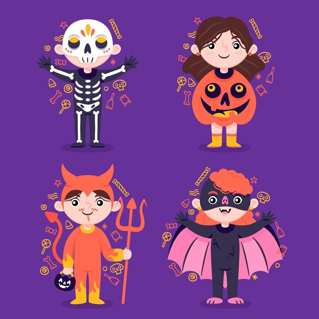 Colecciones infantiles de halloween planas dibujadas a mano