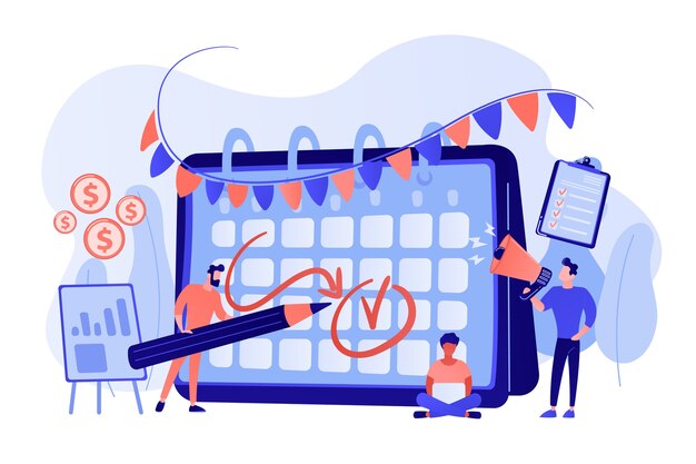 Colegas preparándose para fiesta corporativa. Gestión del tiempo, fecha límite. Evento de marca