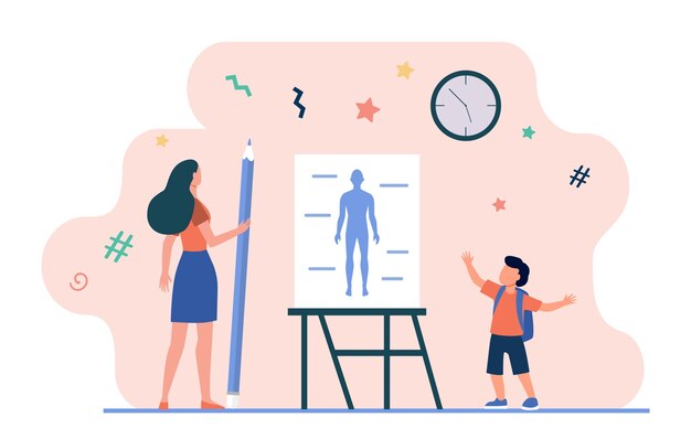 Colegial diciendo lección de anatomía. Profesor con lápiz, modelo de cuerpo humano en la ilustración de vector plano de pizarra. Escuela, clase, educación