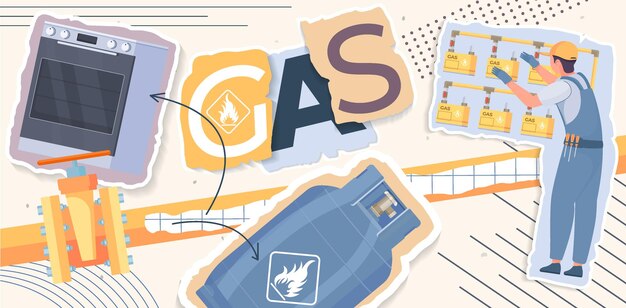 Collage de aparatos de gas en estilo plano con tanque de cocina y equipo de verificación de trabajadores ilustración vectorial