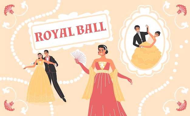 Vector gratuito collage de bola real con símbolos de vestido elegante ilustración vectorial plana