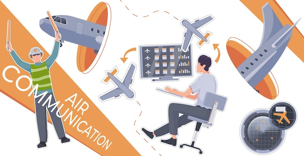 Vector gratuito collage de control de tráfico aéreo en estilo plano con personajes de controlador y marshaller y aeroplanos ilustración vectorial