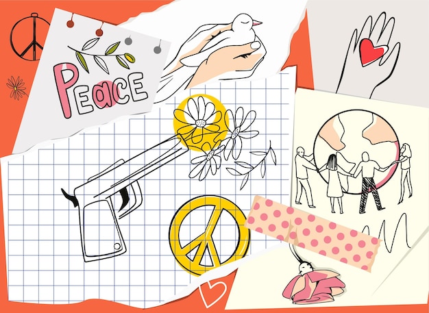 Collage dibujado a mano plana de paz con paloma en manos humanas y flor insertada en el cañón de la ilustración de vector de pistola