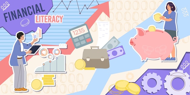 Vector gratuito collage de educación financiera en estilo plano con calculadora de monedas alcancía y personajes humanos ilustración vectorial