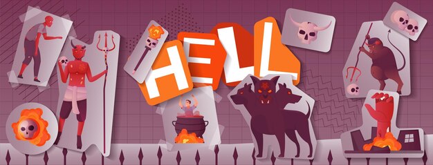 Collage de infierno en estilo plano con calaveras de diablos y criaturas malvadas en piezas de papel ilustración vectorial