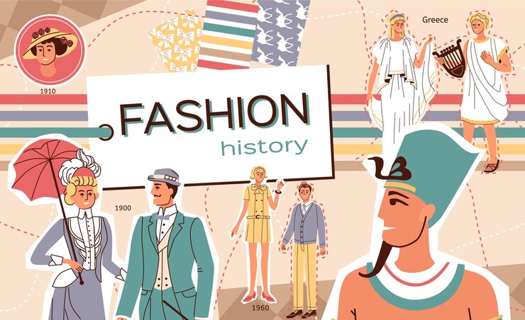 Vector gratuito collage plano de historia de la moda con hombres y mujeres vestidos de la antigua grecia egipto y la ilustración vectorial moderna de europa