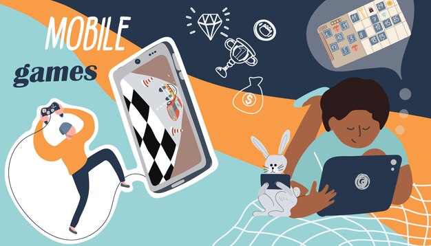 Collage plano de juegos móviles con texto y personas con gadgets e íconos de esquema de ilustración de vector de premios de juego