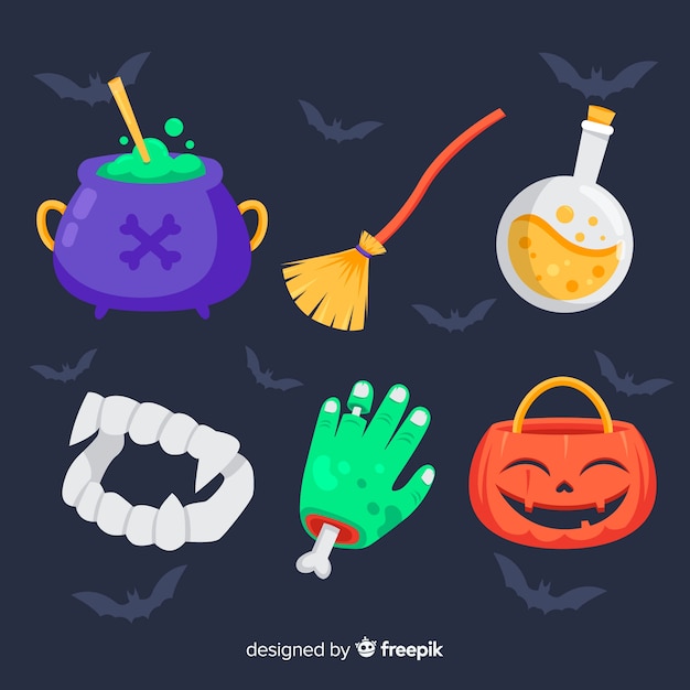 Collage de varios elementos de halloween con fondo de murciélago