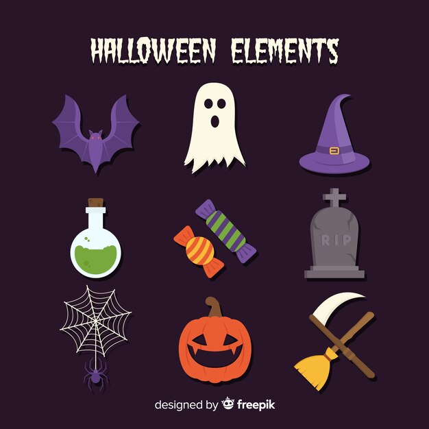 Collage de varios elementos planos de halloween