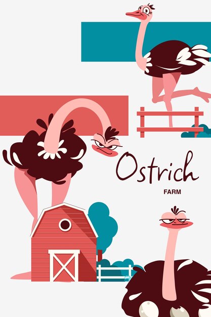 Collage vertical de granja de avestruces en estilo plano con pájaros divertidos e ilustraciones de vectores de granja