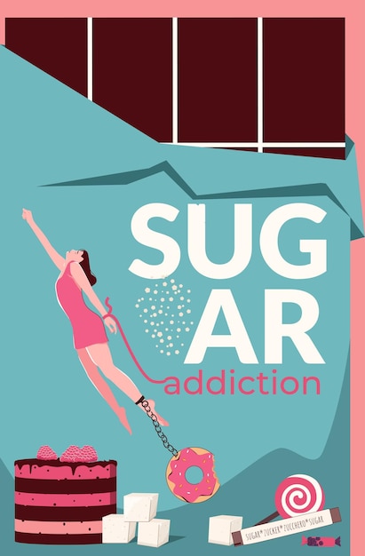 Vector gratuito collage vertical plano de adicción al azúcar con una mujer encadenada a una dona ansiosa por deshacerse de la ilustración vectorial del trastorno alimentario