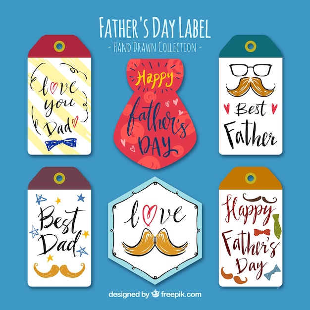 Vector gratuito collection of six hand-drawn labels for father's day