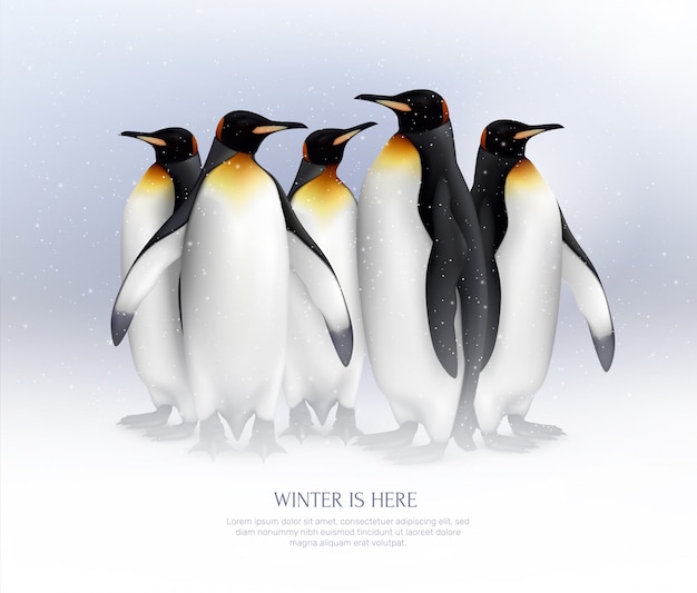 Colonia de pingüinos rey en composición de ambiente nevado realista para grandes ideas de vacaciones de invierno