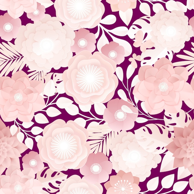 Vector gratuito color 3d flores de papel de patrones sin fisuras con grandes margaritas rosas hojas y otras flores vector ilustración