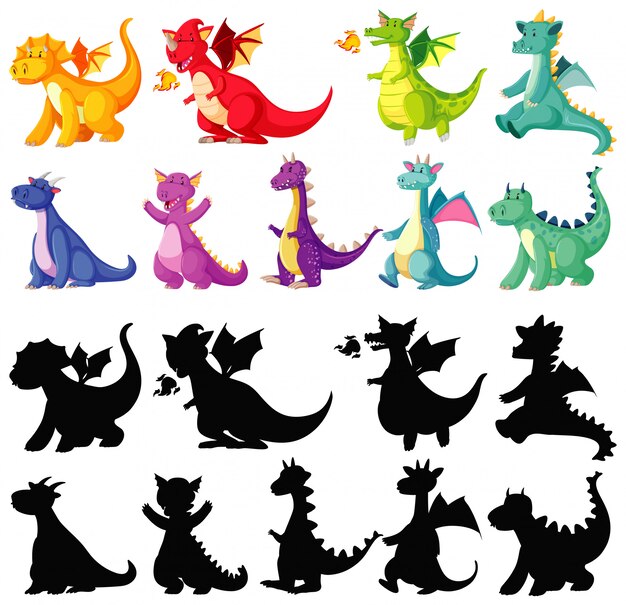 Color diferente del dragón en color y silueta en personaje de dibujos animados sobre fondo blanco.