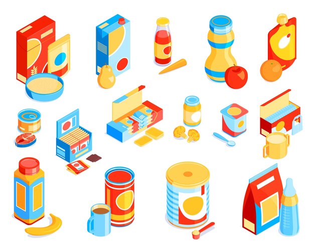 Color isométrico de alimentos para bebés con imágenes aisladas de colores del empaque del producto y la ilustración de vector de comida para niños sin empaquetar
