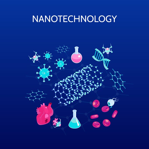 Color isométrico de nanotecnología con símbolos de ciencia aislados