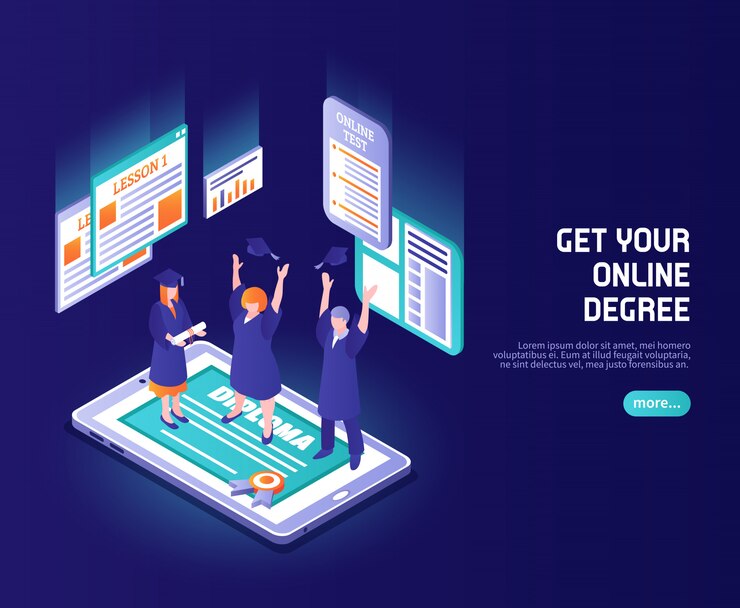 Vector gratuito color de lecciones en línea con gente divertida con sombreros de magistratura en la pantalla del teléfono con título de diploma isométrico