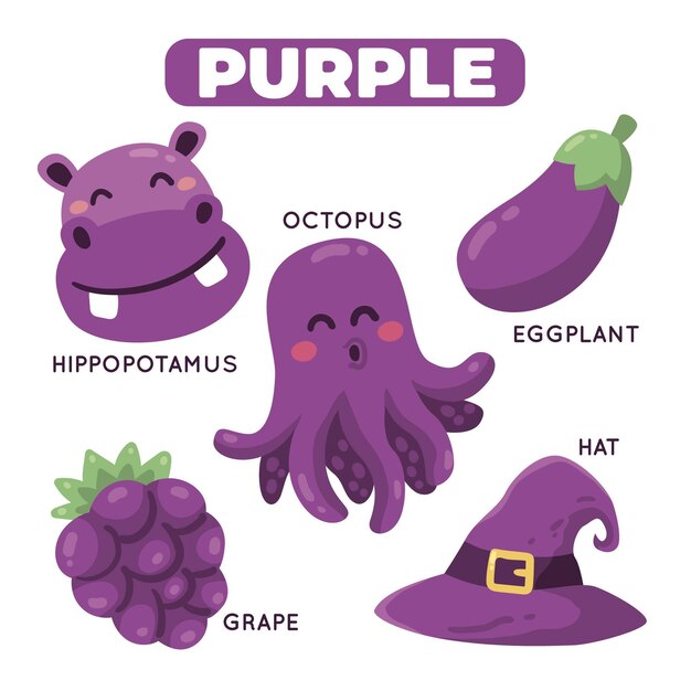 Color morado y vocabulario en inglés.