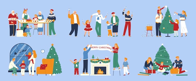 Vector gratuito color plano de feliz navidad con accesorios festivos y gente divertida bailando y clasificando regalos ilustración vectorial aislada