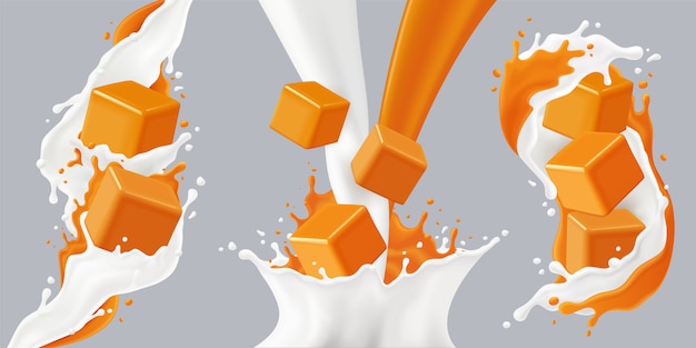 Vector gratuito color realista salpica icono de caramelo con cubos de caramelo y salpicaduras de leche ilustración