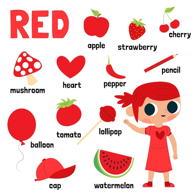 amplio perspectiva En Vivo Color rojo y vocabulario en inglés para niños. | Vector Gratis