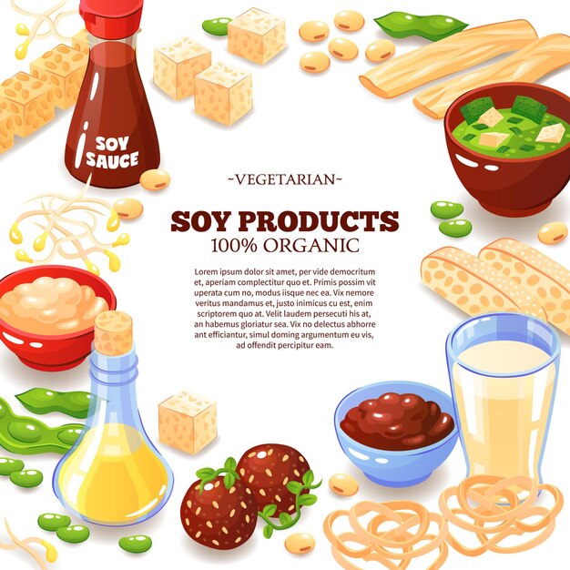 Coloreado con marco decorativo compuesto por productos de soya e información de texto interior sobre dibujos animados de comida vegetariana