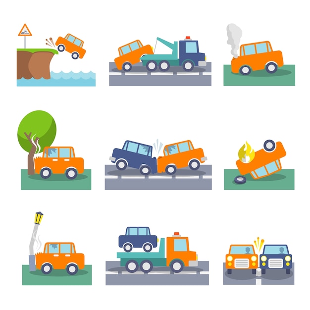 Colorear accidentes de accidente de coche y la conducción de iconos de seguridad conjunto de ilustración vectorial aislados