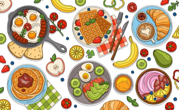 Colorear la composición del desayuno con un conjunto de gofres de rodajas de frutas aisladas y huevos revueltos en la ilustración vectorial de fondo en blanco