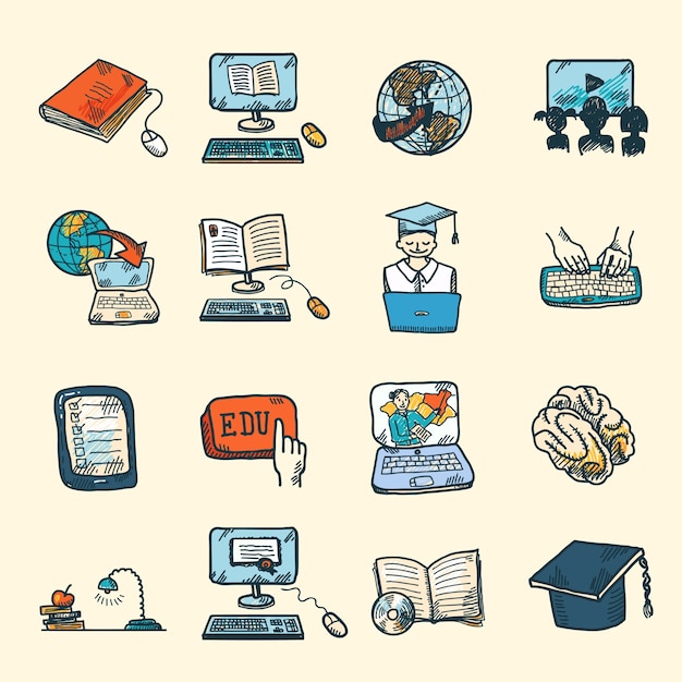 Colored formación en línea de educación y e-learning iconos conjunto de bocetos aislados ilustración vectorial